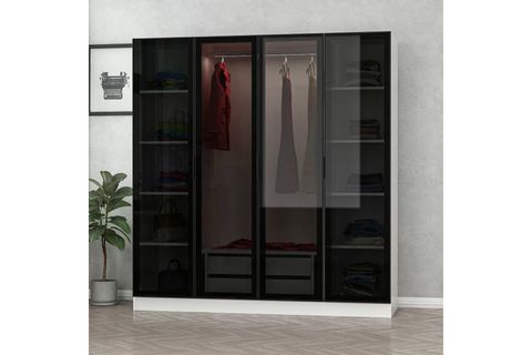 MİNAR KALE 4 CAM KAPAKLI 2 ÇEKMECELİ DOLAP - BEYAZ/SİYAH 210CM