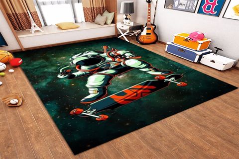 JUNGLE YEŞİL TABANLI KAYKAYLI ASTRONOT DESENLİ DİJİTAL BASKILI BASKILI HALI 100X150