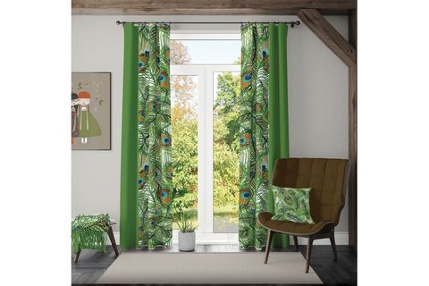 MAVİ BONCUKLU YEŞİL TAVUS TÜYÜ İKİZ FON PERDE