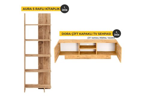 DORA TV SEHPASI VE ASİMETRİK BEŞ RAFLI KİTAPLIK, ÇAM