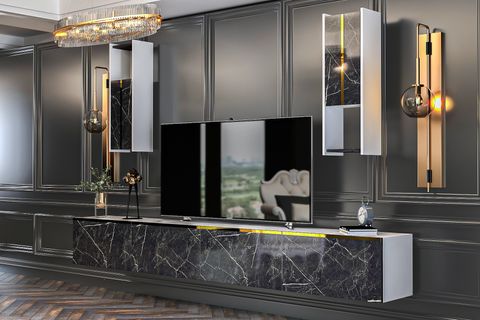 GİVAYO NOYAN TV ÜNİTESİ, DUVARA MONTE, BEYAZ MERMER, 240 CM