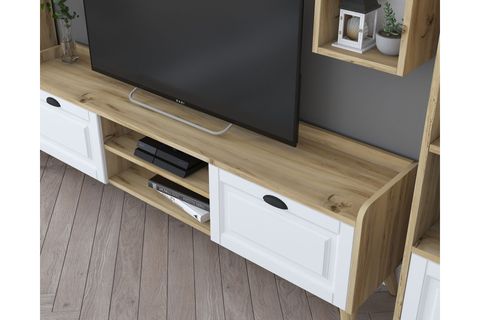 RANİ AA101 DUVAR RAFLI KİTAPLIKLI VE DOLAPLI MODERN TV ÜNİTESİ TV SEHPASI BEYAZ KEÇE CEVİZ