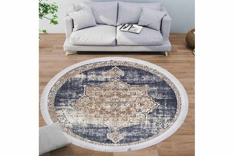 ELSE LACİVERT KAHVE OSMANLI VİNTAGE DESENLİ YUVARLAK SAÇAKLI KİLİM HALI V3