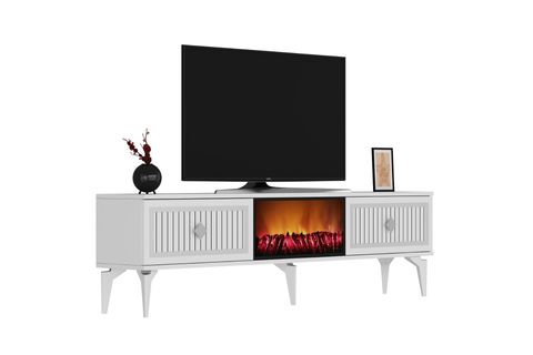 FLAME ŞÖMİNELİ TV SEHPASI, BEYAZ GÜMÜŞ