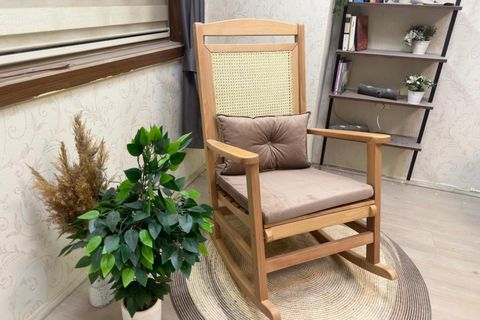 ASEDİA VERANDA HASIRLI MİNDERLİ SALLANAN SANDALYE, KAHVERENGİ, NATUREL AYAK