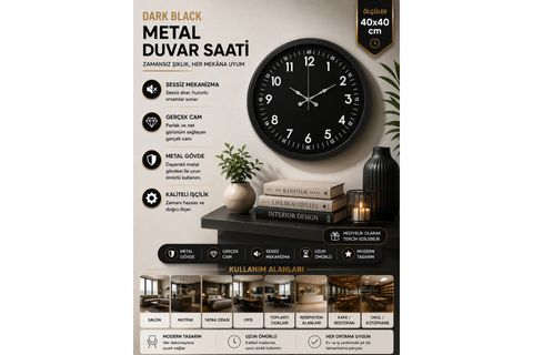 PURE DARK BLACK METAL DUVAR SAATİ 40 CM