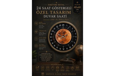 ESKİTME METAL 24 SAAT GÖSTERGELİ ÖZEL TASARIM DUVAR SAATİ 40 CM