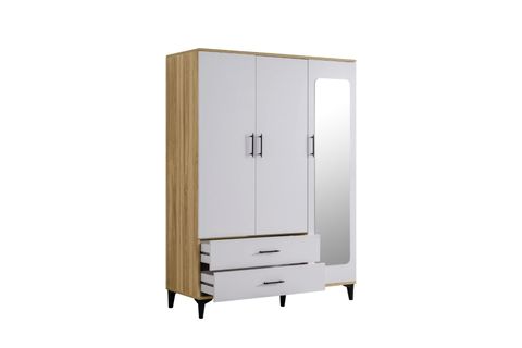 BLESK AYNALI ÇEKMECELİ GARDIROP, CEVİZ BEYAZ, 3 KAPAKLI