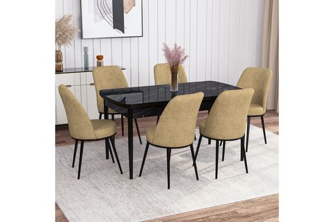 ROVENA LEONA AÇILABİLİR MUTFAK MASASI TAKIMI, SİYAH MERMER DESEN, CAPPUCİNO, 132X80