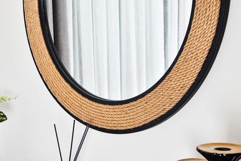 DFN WOOD JUT HALATLI YUVARLAK DEKORATİF DUVAR AYNASI, SİYAH ÇERÇEVELİ, 67X67