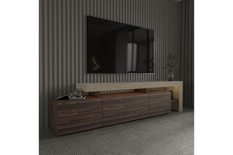 BELİZ LED IŞIKLI TV SEHPASI, TRAVERTEN/CEVİZ