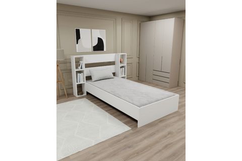 SMART RAFLI KİTAPLIKLI TEK KİŞİLİK KARYOLA, BEYAZ, 90X190