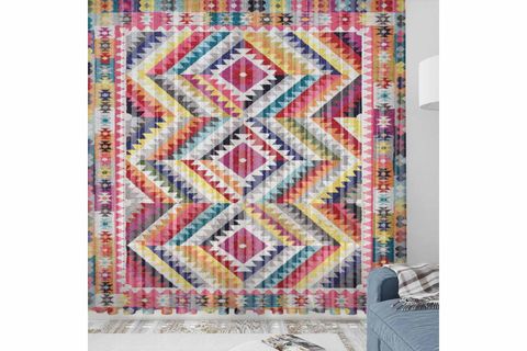 ELSE SARI KIRMIZI ETNİK KUTULAR DESENLİ DEKORATİF MODERN 3D TÜL FON PERDE 140X270