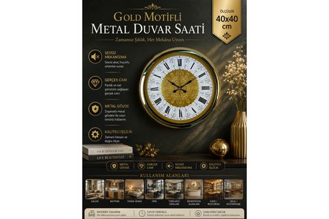 GOLD MOTİFLİ METAL DUVAR SAATİ 40 CM