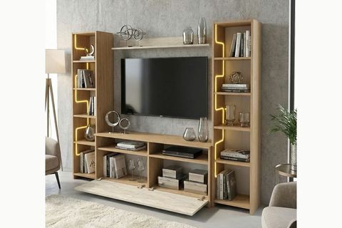 LABİRENT LEDLİ DUVAR TV ÜNİTESİ, TRAVERTEN KAPAK MEŞE