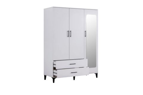BLESK AYNALI ÇEKMECELİ GARDIROP, BEYAZ, 3 KAPAKLI