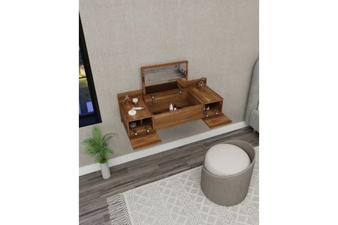 ZAKKUM RAFLI AYNALI DUVARA MONTE MAKYAJ MASASI, CEVİZ