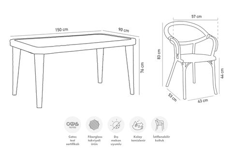TİLİA PENA 6 KİŞİLİK CAMLI MASA SANDALYE TAKIMI BAHÇE BALKON SETİ KREM