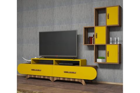 FLORA DUVAR RAFLI TV ÜNİTESİ, CEVİZ SARI