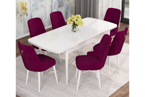 ROVENA MONA AÇILABİLİR MUTFAK MASASI TAKIMI, BEYAZ DESEN, MÜRDÜM, 132X80
