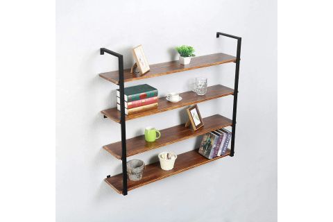 TASNİA SİYAH METAL AHŞAP DUVAR RAFI 120 CM 4 KATLI