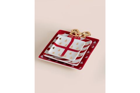 THE MİA FİYONK FİGÜRLÜ SERVİS TABAĞI KRIMIZI 22X17 CM