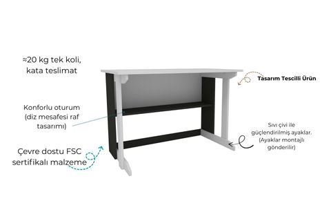 PİLLAR GENİŞ ÇALIŞMA MASASI, BEYAZ ANTRASİT, 100X56 CM