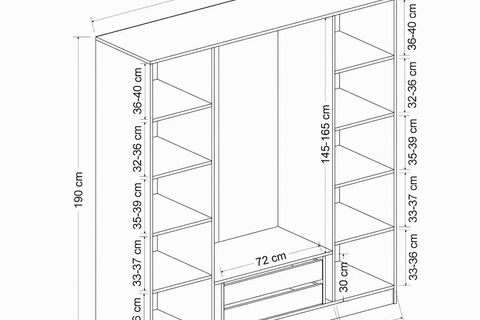 KALE 4 CAM KAPAKLI 2 ÇEKMECELİ DOLAP ANTRASİT SİYAH 190 CM