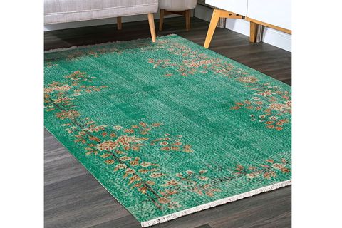YOSUN YEŞİLİ ÇİÇEKLİ VİNTAGE DOKUMA TABAN HALI, 365 YNG, 60X120 CM