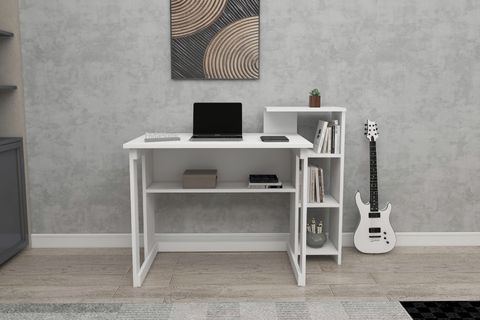 SAYE KİTAPLIKLI ÇALIŞMA MASASI, MAT BEYAZ, 5 RAFLI