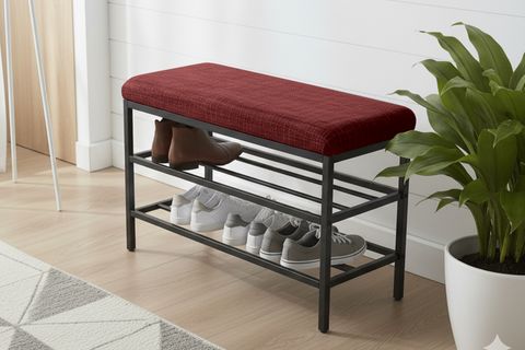 LUXE KETEN KUMAŞLI PUF AYAKKABILIK BENCH, BORDO