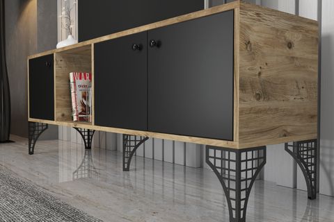 WOOD'N LOVE HİRA TV ÜNİTESİ, METAL AYAK, ATLANTİK ÇAM SİYAH, 160 CM