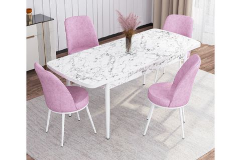 ROVENA LEONA AÇILABİLİR MUTFAK MASASI TAKIMI, BEYAZ MERMER DESEN, PEMBE, 132X82