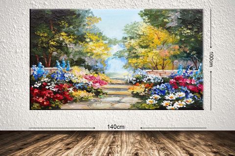 ÇİÇEKLİ BAHÇE DEV BOYUT MANZARA KANVAS TABLO, 100X140