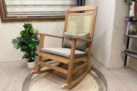 ASEDİA VERANDA HASIRLI MİNDERLİ SALLANAN SANDALYE, VİZON, NATUREL AYAK