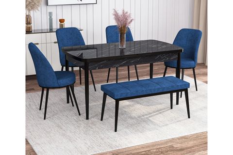 ROVENA LEONA AÇILABİLİR MUTFAK MASASI TAKIMI, SİYAH MERMER DESEN, LACİVERT, 132X80
