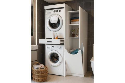 FİKA VERGA ÇAMAŞIR VE KURUTMA MAKİNESİ BANYO DOLABI, KİRLİ SEPETLİ, BEYAZ