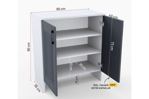 RETRO MDF MEMBRAN KAPAKLI ÇOK AMAÇLI DOLAP, ANTRASİT BEYAZ