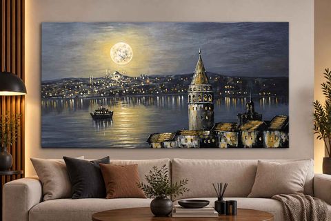 GECE AYDINLIĞI GALATA KULESİ ORİJİNAL YAĞLI BOYA TABLO