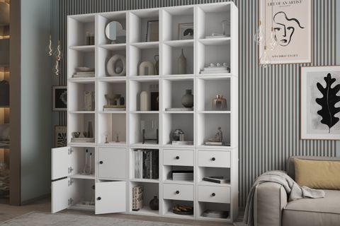 ZARA GENİŞ DUVAR KİTAPLIĞI 5 SÜTUNLU MİNİMALİST AHŞAP DETAYLI KİTAP RAFI NRG KTP 1151