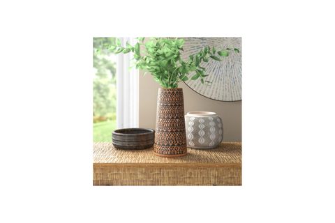 SİYAH EL YAPIMI TERRACOTTA VAZO KABARTMALI BOHO DEKOR
