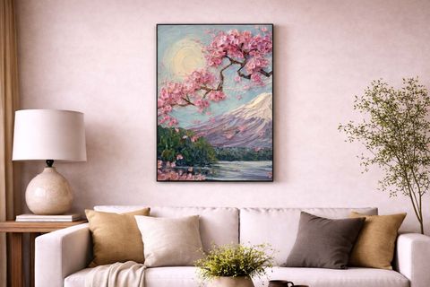 PEMBE ÇİÇEKLERİN ARKASINDAKİ DAĞ MANZARASI ORİJİNAL YAĞLI BOYA TABLO