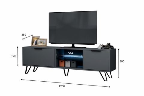 KASTER LED AYDINLATMALI METAL AYAKLI TV ÜNİTESİ, KOYU GRİ, 170 CM