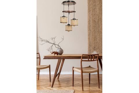 LUMEXX DAVİD ÜÇLÜ TEPSİLİ CEVİZ RATTAN ABAJURLU SARKIT
