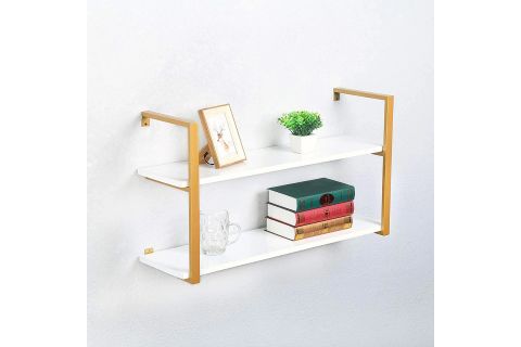 TASNİA GOLD METAL AHŞAP DUVAR RAFI 90 CM 2 KATLI