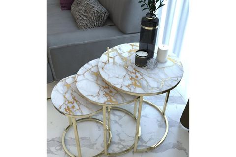 TUBİHOME BEYAZ MERMER DESEN SEHPA TAKIMI, GOLD