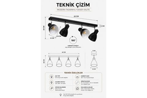 OTİS DÖRTLÜ SIRALI SİYAH PLAFONYER AVİZE