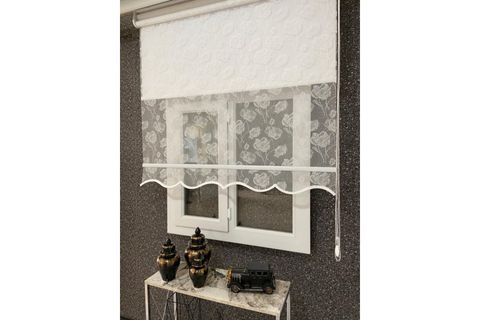 ÇİFT MEKANİZMALI TÜL VE STOR PERDE, YAPRAK DESENLİ, KIRIK BEYAZ, 240X260