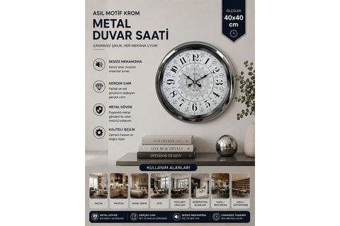 ASİL MOTİF KROM METAL DUVAR SAATİ 40 CM