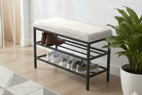 LUXE KETEN KUMAŞLI PUF AYAKKABILIK BENCH, KREM